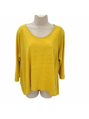 Eileen Fisher Yellow 3/4 Sleeve Linen Top Womens M Relaxed Fit Casual Lightweigh